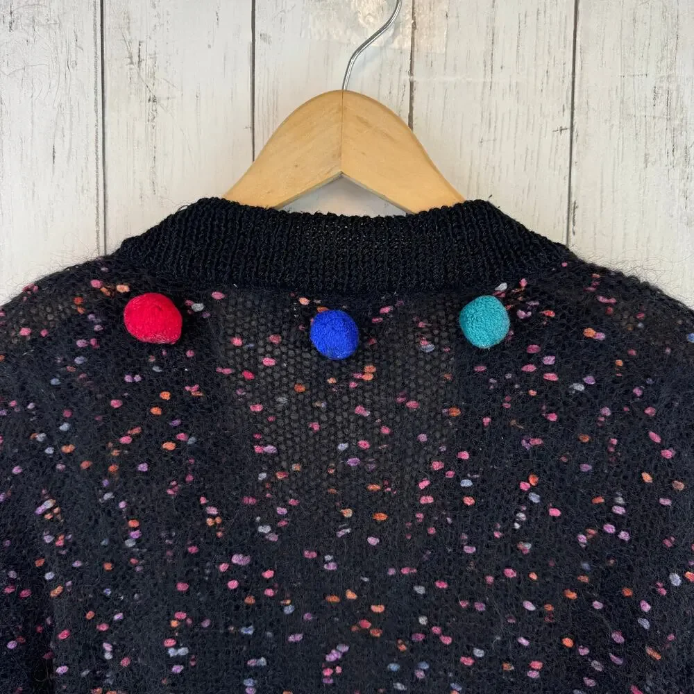 VTG Caroll Black Multi Polka Dot Pom-Poms Mohair-Acrylic Cardigan Size Large